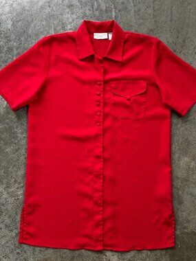 Christie & Jill Red Button Down Blouse Textured Short Sleeve Top Women's Small